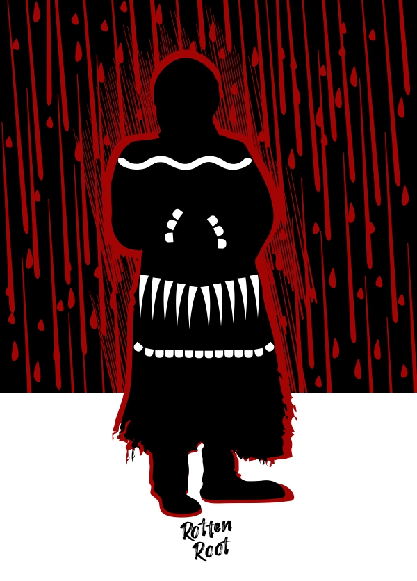 Ilustração com um fundo dois terços preto e branco no terço inferior. ao centro, está a silhueta de uma nativa americana, vestindo uma roupa esfarrapada, com enfeites brancos. Ao fundo, na parte preta, uma chuva vermelha cai sobre a nativa.